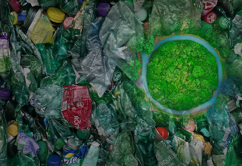 Plastic trash with a circular forest at the right hand side